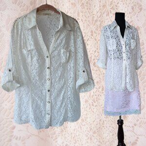 Halo White Lace Top Button Down Crystal Studded Romantic Victorian-style